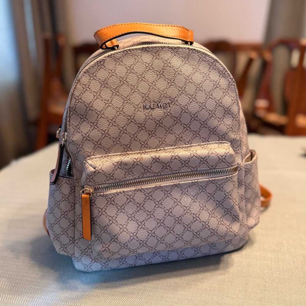 Nine West Logo Monogram Mini Backpack Grey Tan Cognac Brown Faux Leather Trim